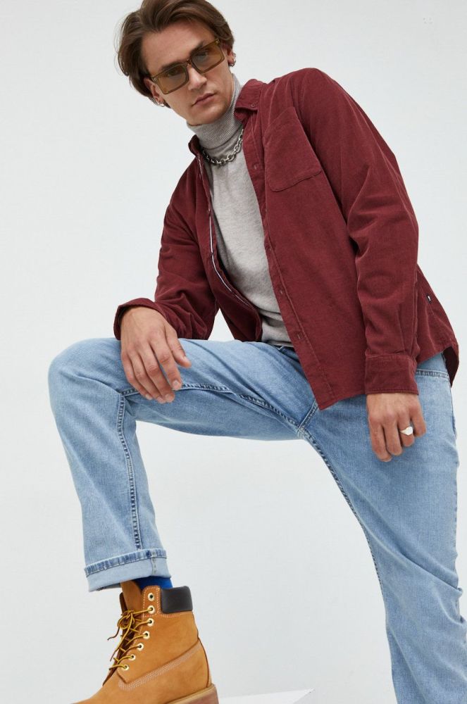 Вельветова сорочка Solid чоловіча колір бордовий regular комір button-down