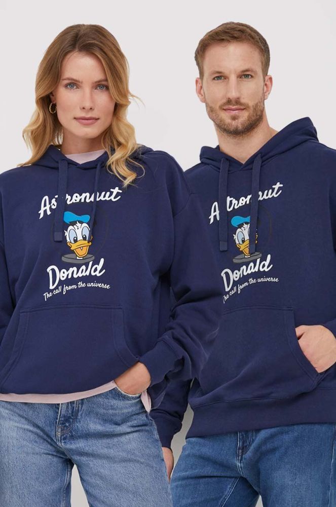Бавовняна кофта United Colors of Benetton x Disney колір синій з капюшоном з принтом