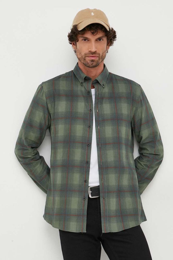 Вельветова сорочка Lindbergh колір зелений slim комір button-down