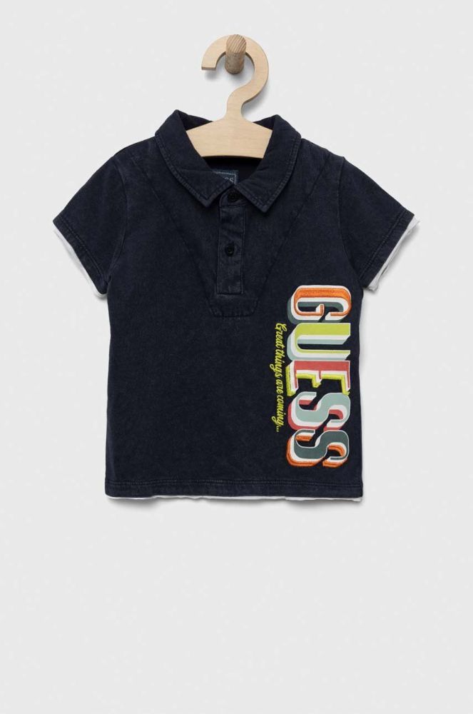 Дитяче бавовняне поло Guess колір синій з принтом
