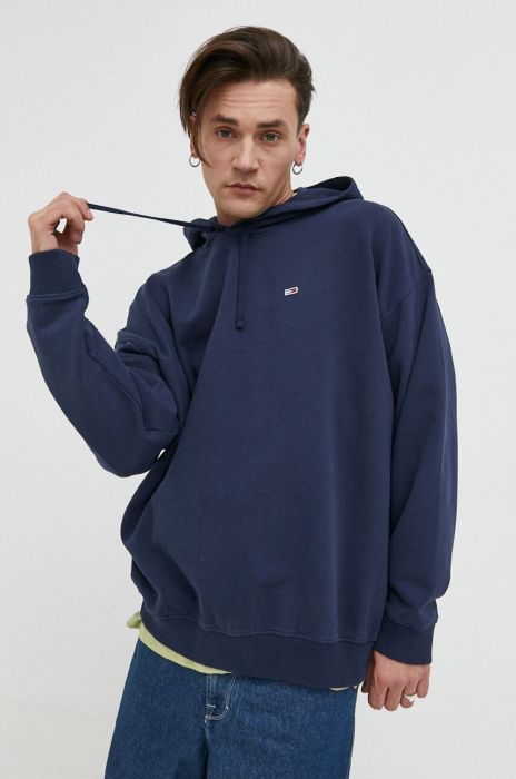 Бавовняна кофта Tommy Jeans чоловіча колір синій з капюшоном однотонна