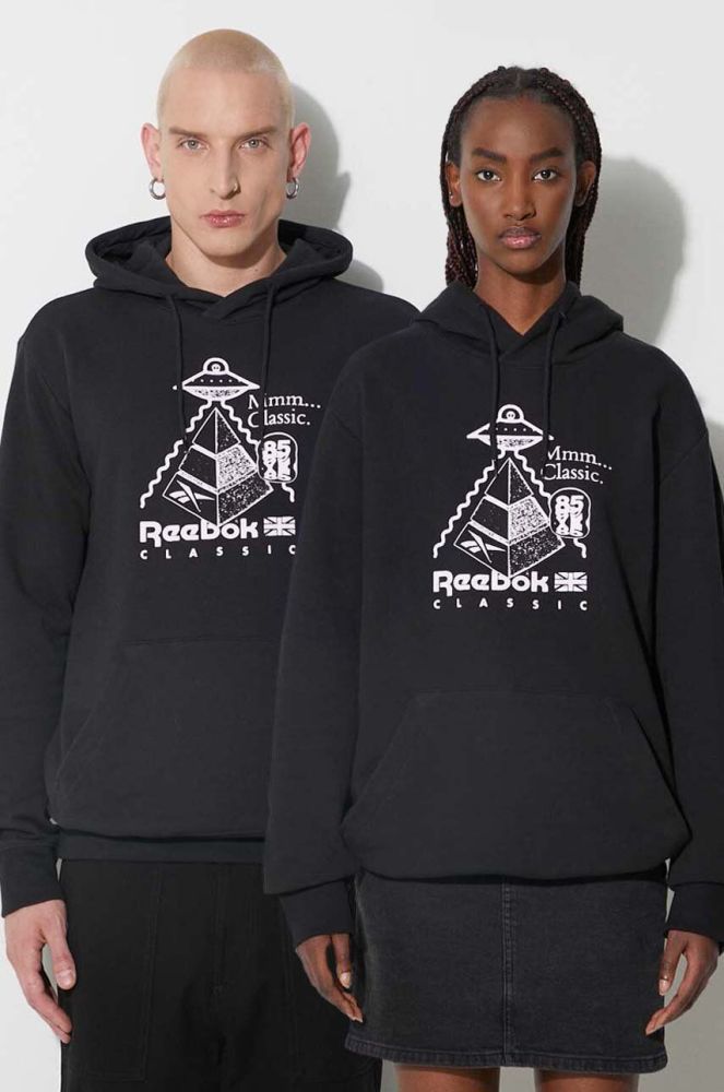 Бавовняна кофта Reebok Classic колір чорний з капюшоном з принтом HT8178-BLACK