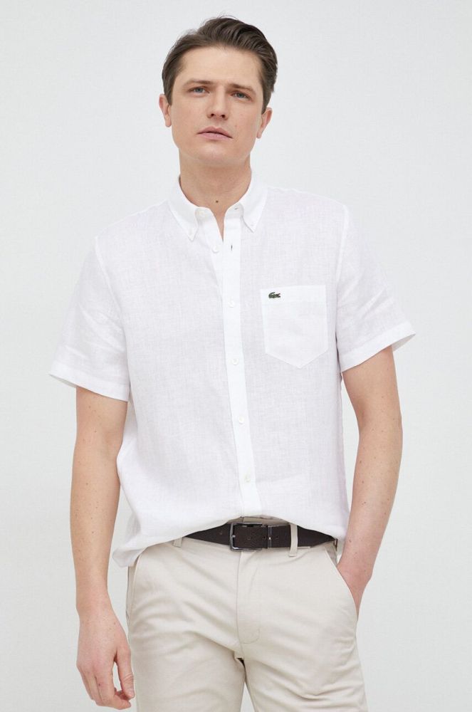 Сорочка з льону Lacoste колір білий regular комір button-down