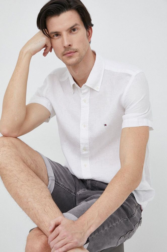 Сорочка з льону Tommy Hilfiger колір білий regular комір button-down