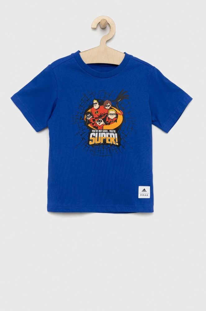 Дитяча бавовняна футболка adidas Originals x Pixar з принтом колір блакитний